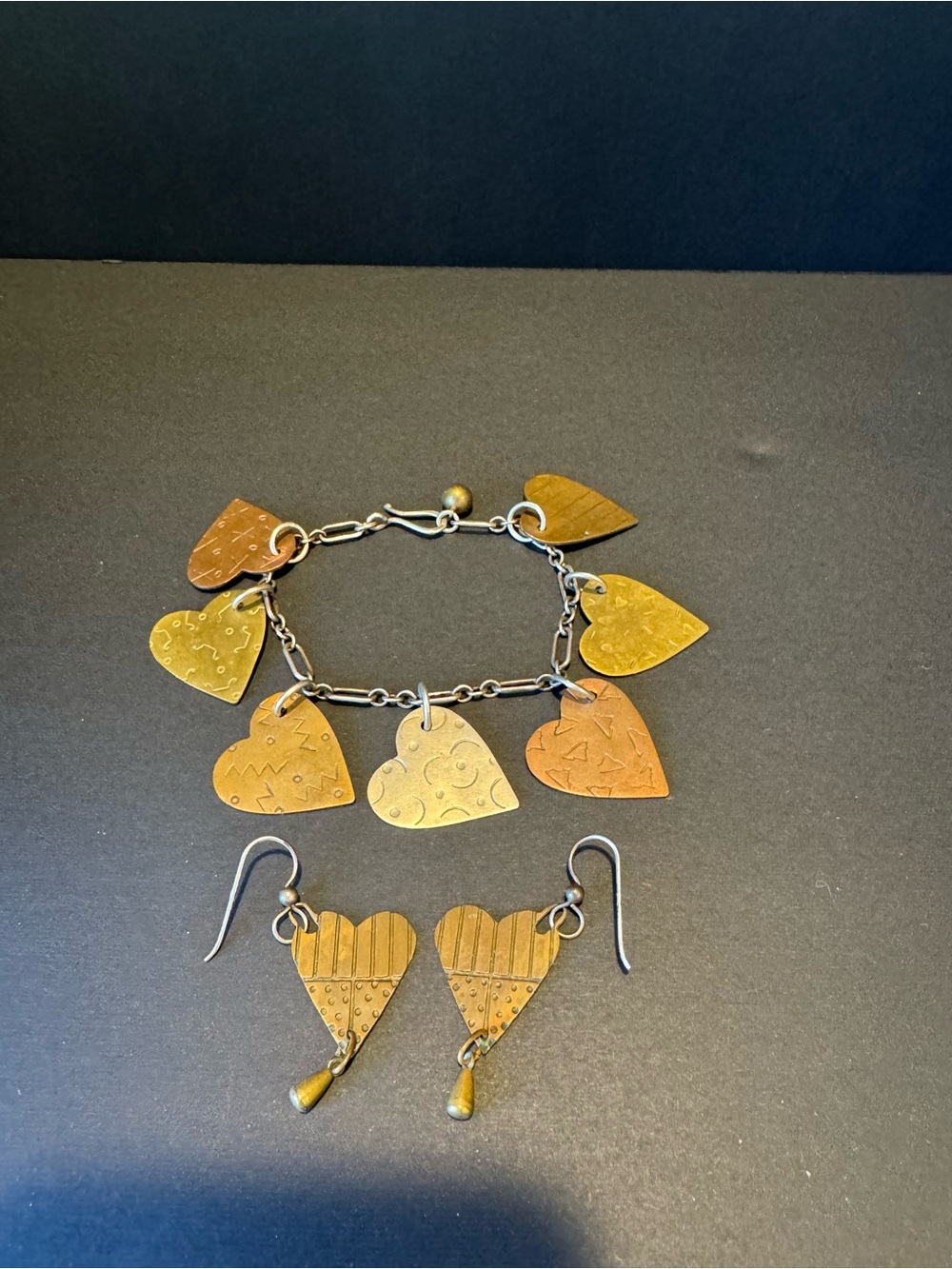 Vintage Thomas Mann Techno-Romantic Brass heart Bracelet and Earrings